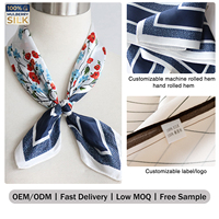 Foulard carré en soie de mûrier de qualité 6A, finement travaillé, brillant et fluide, motif floral sauvage rouge et bleu frais avec bordure, faible MOQ