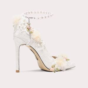 Eleganti <span class=keywords><strong>Tacchi</strong></span> da Sposa Bianchi <span class=keywords><strong>con</strong></span> Cinturino alla Caviglia <span class=keywords><strong>con</strong></span> Perle, Decorazione Floreale in Pizzo, Scarpe Romantiche per Spose - Product Image 2