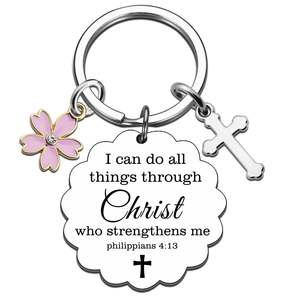 Llavero con Colgante de Cruz de Flores Rosadas, Grabado en Acero Inoxidable, el Más Vendido, Regalo Ideal - Product Image 1