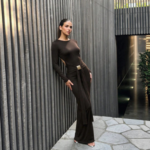 Abito lungo da donna sexy a tubino, plissettato, con bottoni metallici, senza schienale, allacciato, a <span class=keywords><strong>maniche</strong></span> <span class=keywords><strong>lunghe</strong></span>, per l'autunno - Product Image 4