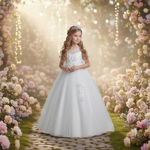 Vestido de Fiesta Blanco 2026 <span class=keywords><strong>para</strong></span> Niñas, con Cuello Ilusión y Flores 3D, Vestido Formal <span class=keywords><strong>para</strong></span> Niñas, Vestido de Dama de Honor <span class=keywords><strong>para</strong></span> Boda, <span class=keywords><strong>Primera</strong></span> Comunión - Product Image 3