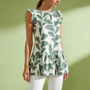 Robe chemise à imprimé feuilles pour femme, décontractée, à manches courtes à volants, ourlet étagé, coupe trapèze, longueur genou, écologique, douce pour femme - Product Image 2