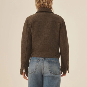 Chaqueta Bomber de mezcla de lana para mujer, cuello alto, cierre de cremallera, longitud recortada, manga larga, cálida para otoño, color sólido - Product Image 3