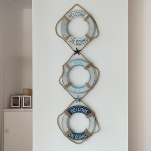 Mediterranean Style Wooden Life Ring Wall Sculpture 3-Piece Set Home <b>Decor</b> Circular MDF Vertical Design - Product Image 1