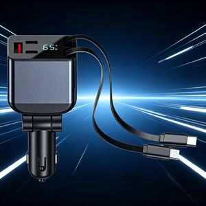 Cargador de Coche USB C PD de 45W 65W con Carga Rápida, Cable Retráctil Integrado, Adaptador de Teléfono 4 en 1 para Enchufe de 12V 24V, Extensión Portátil - Product Image 1