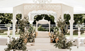 Décor de scène de mariage de luxe blanc, mandap métallique moderne avec statue d'éléphant, mandap hexagonal découpé au laser pour mariage. - Product Image 4