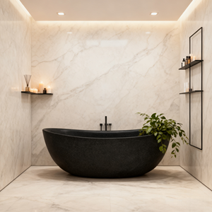 Baignoire autoportante en marbre sculpté à la main de haute qualité en pierre naturelle noire moderne avec drain pour villa - Product Image 1