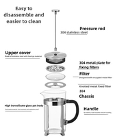 Cafetière à piston manuelle en acier inoxydable et verre borosilicate de haute qualité, 0,35/0,6/1L, résistante à la chaleur, pour café et thé
