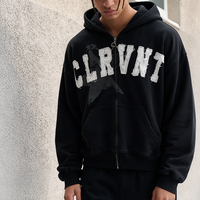 Sweat-shirt à capuche zippé noir pour homme, avec patch CLRVNT, lettres imprimées sur le devant, logo étoile C imprimé au dos, style streetwear vintage oversize