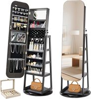 Miroir sur pied moderne en métal noir arrondi et rotatif avec armoire de rangement verrouillable pour bijoux, idéal pour la chambre et la décoration intérieure
