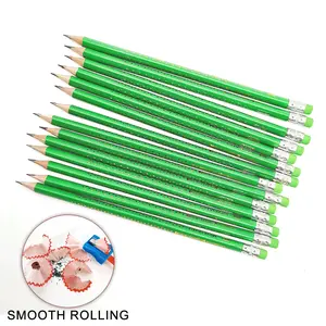 Pensil sekolah Tiongkok persediaan pabrik pensil HB kayu 12 buah pensil hijau dengan penghapus