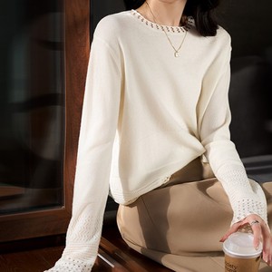 Maglione Casual Elegante da Donna <span class=keywords><strong>con</strong></span> Collo Tondo, Decorazioni e Bordi <span class=keywords><strong>in</strong></span> <span class=keywords><strong>Pizzo</strong></span>, Tinta Unita - Product Image 2