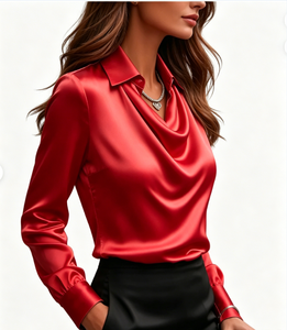 Camicetta Elegante da <span class=keywords><strong>Donna</strong></span> in <span class=keywords><strong>Raso</strong></span> Tinta Unita con Colletto a Balze, Design Semplice per Ufficio o Autunno, Offerta Speciale Taglia XL - Product Image 3