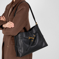 Sac fourre-tout grande capacité en cuir véritable pour femme, couleur unie, fermeture éclair, noir, mode niche, pour ordinateur portable, bandoulière, idéal pour les trajets quotidiens
