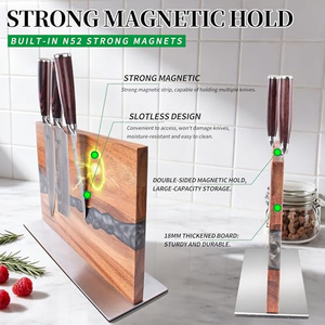 Porte-couteaux magnétique double face en bois d'acacia pour cuisine, bloc à couteaux magnétique en bois avec décoration en résine époxy - Product Image 2