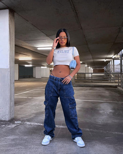 Jeans Cargo de Cintura Alta para Mujer, Pantalones Vaqueros de Pierna Ancha con Costuras en Contraste, Pantalones Casuales de Estilo Urbano con Múltiples Bolsillos - Product Image 6