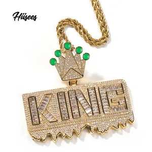 Last supper green enamel crown hook king style necklace men gold plated chains words King iced out jewelry for women