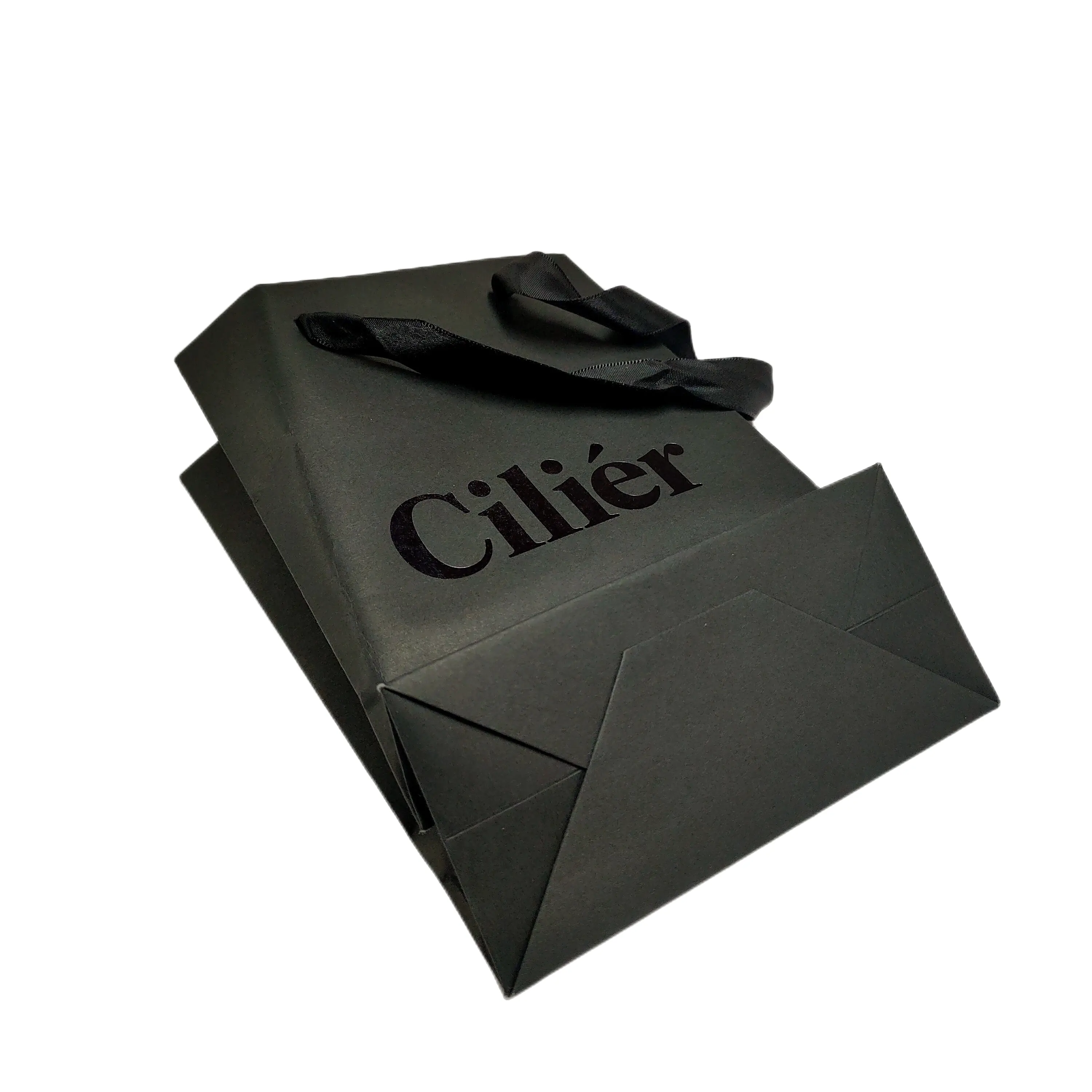 กระเป๋าถือกระดาษสีดำแบบกำหนดเองพร้อมโลโก้ส่วนตัวสำหรับบรรจุภัณฑ์ของขวัญถุงช้อปปิ้ง