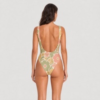 Traje de Baño de Una Pieza Floral Rosa y Verde Personalizado, Sin Aros, con Relleno Extraíble, Espalda Descubierta, Corte Alto, Venta al por Mayor, MOQ Bajo, Directo de Fábrica