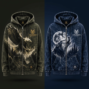 Sweat-shirt à capuche zippé pour homme Long Mission Wolf Moon Print, coupe classique, décontracté, pour l'hiver, 100% coton molletonné respirant - Product Image 3