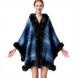 Écharpe cape en <span class=keywords><strong>fausse</strong></span> <span class=keywords><strong>fourrure</strong></span> pour femme, motif écossais, col d'épaule en <span class=keywords><strong>fourrure</strong></span> de lapin Rex, idéale pour l'hiver - Product Image 1