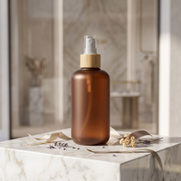 Bouteille en plastique ronde Boston populaire avec pompe en bambou pour cosmétiques, contenant givré pour gel douche, emballage 500 ml, bouteille PET