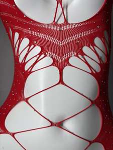 Gaun Bodystocking Merah Seksi Berhias Berlian Imitasi - Pakaian Dalam Wanita Model Jaring Transparan, Gaun Malam Seksi, Lingerie OEM - Product Image 4