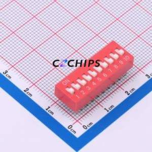 DS-10-R-T DIP Switch Through hole Component (THT),P=2.54mm Switch Flat Toggle, Raised Type Single Pole Single Throw 10 2.54mm - Product Image 1
