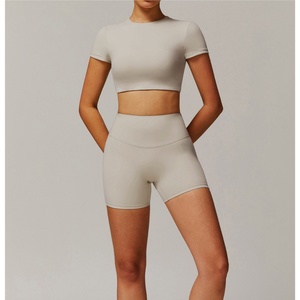 KY51 femmes 2 pièces Yoga ensemble serré séchage rapide <span class=keywords><strong>col</strong></span> en <span class=keywords><strong>V</strong></span> recadrée à manches longues haut taille haute Shorts tenue d'entraînement Yoga course - Product Image 3
