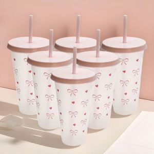 Reusable Transparent PP Tumbler With Lid and Straw 24oz Pink Bow Cute <b>Drinkware</b> for Birthday Party <b>Plastic</b> Cup - Product Image 5