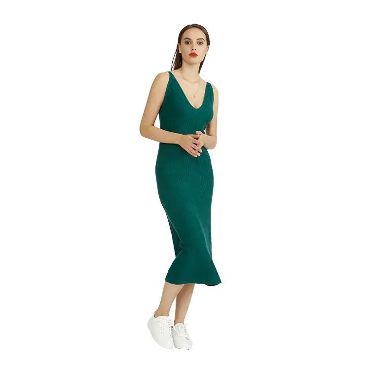 KD fabricante de prendas de punto OEM ODM Otoño/Invierno Casual mujer ajuste elástico de encaje de punto de color sólido vestido de punto