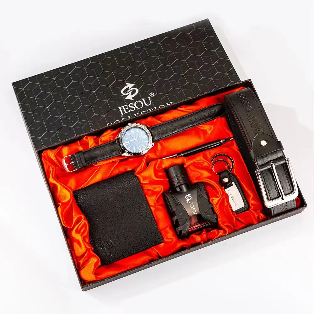 2023 new design 6 set boutique gift set hot sale belt+wallet+perfume+key chain+large dial quartz watch+pen gift box