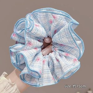 Chouchou en coton à motif cœurs bleus à carreaux, 15 cm, pour femme, style décontracté, accessoire élastique pour cheveux - Product Image 1