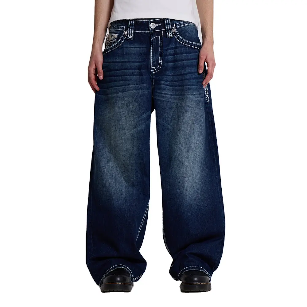 Tecido jeans rígido vintage com apliques bordados pesados e originais, tecido jeans folgado e baixo, cor azul índigo, ideal para uso na rua