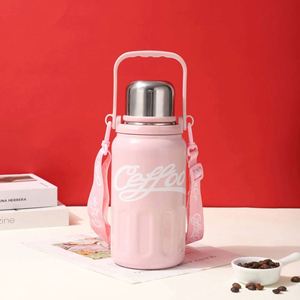 Ceffoo Stainless Steel Water <b>Bottle</b> With Handle And Strap Pink Red White Colors - Product Image 4