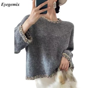 Pullover da <span class=keywords><strong>Donna</strong></span> Casual a Tinta Unita Maglione Lavorato a <span class=keywords><strong>Maglia</strong></span> Grigio con Paillettes Lussuoso Stile Francese Invernale 6119# - Product Image 1