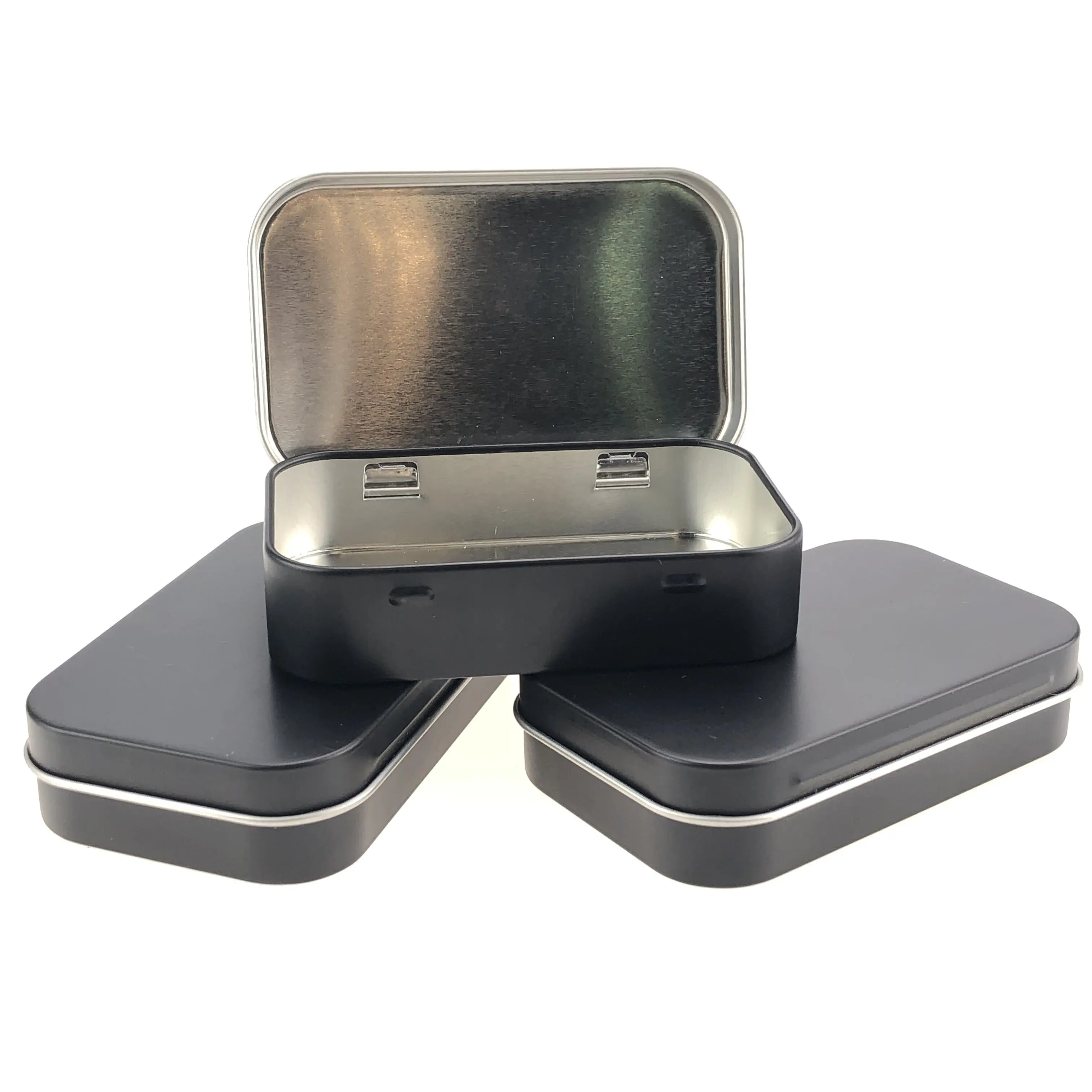 Kunden spezifischer Druck Metall kleines Rechteck schwarze Blechdose mit Flip-Cover zur Aufbewahrung von Schmuck/Halskette/Ohrringen