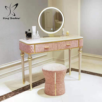 Table de maquillage de beauté avec chaise, miroir en acier inoxydable, design luxueux portable, miroir rond rose pour salon avec éclairage LED