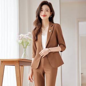 Women's Black Three Quarter Sleeve <b>Blazer</b> Suit <b>Set</b> Polyester Breathable Workwear Professional Pants Suit - Product Image 3