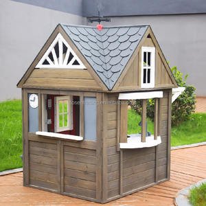 Maisonnette de jeu extérieure en bois avec toit en plastique, porte rouge, comptoir de cuisine, jardinières et aiguille d'venteille pour les jeux d'imitation des enfants dans le jardin - Product Image 6