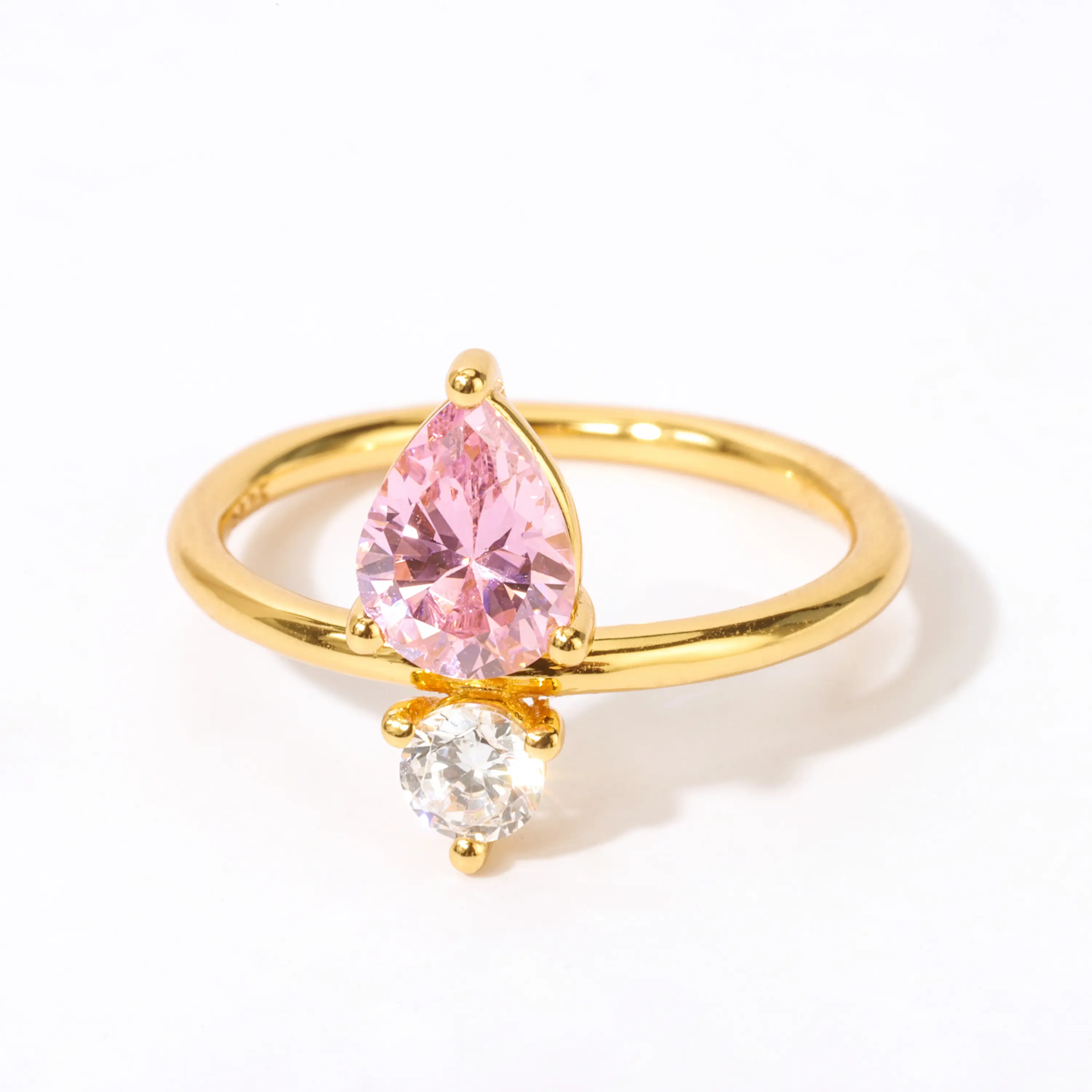 Gioielleria raffinata anello in pietra di pera rosa 925 argento Teardrop cristallo moda placcato oro anello fascia regalo per ragazza