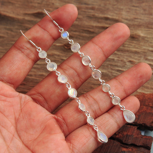 Hecho a mano Natural Arco Iris piedra lunar plata esterlina redondo Arco Iris piedra lunar cuelga y gota pendientes de plata bisel ajuste colgante - Product Image 2