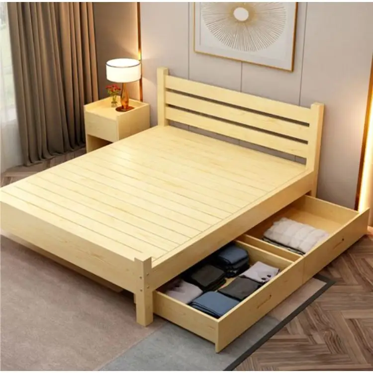 Headboard Simple And Stylish Double Modern Platform Frame Wooden Bed For Bedroom Furniture, Double Bed With Double Draw