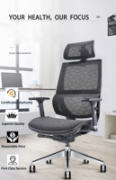 Chaise de bureau ergonomique au design moderne avec appuie-tête réglable en maille et tissu pour cadres.
