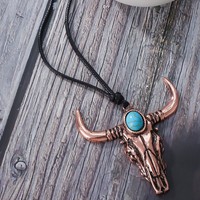 Collier long en alliage de zinc avec pendentif tête de taureau bleu turquoise, style western rétro cowboy minimaliste, sur cordon en cuir