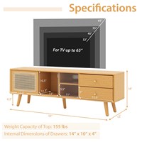 Table console en bambou moderne avec porte en rotin PE et 2 tiroirs pour téléviseurs jusqu'à 65 pouces dans la maison salon chambre salle à manger