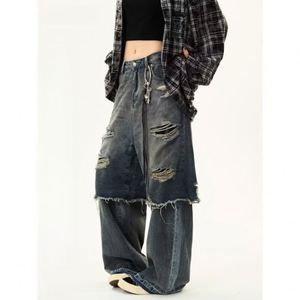 Pantalones Vaqueros Retro Americanos 2026 de Doble Perforación con Parches Lavados para <span class=keywords><strong>Hombre</strong></span> - Pantalones Casuales de Pierna Recta con Agujeros Estilo High Street - Product Image 2