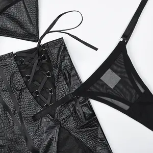 Сексуальные короткие мини-юбки и комплекты из 3 предметов для женщин: кожаное белье, бюстгальтер с кружевной завязкой, молодежный стиль, новинка, в комплекте - Product Image 6