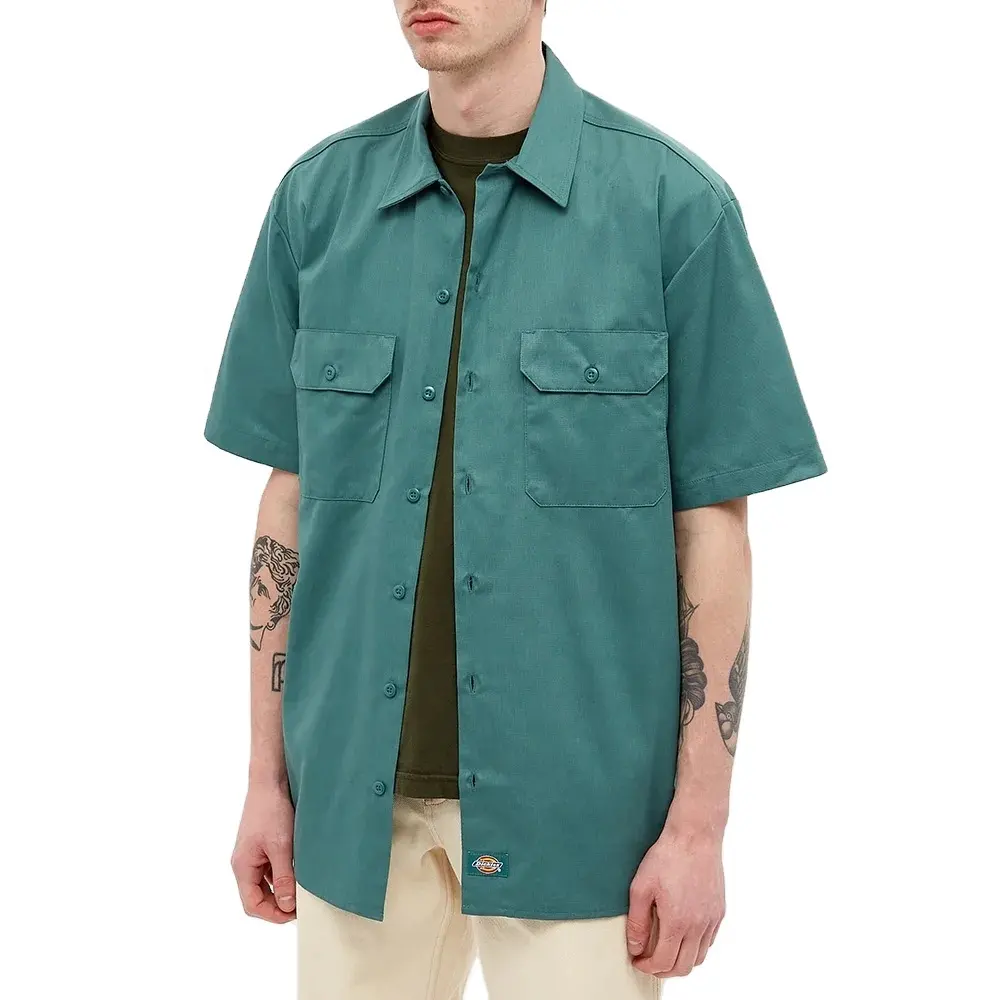 Custom Logo Oversized Streetwear Boxy Shirts Cotton Polyester Twill Button Up Short Sleeve Mens Work Shirts