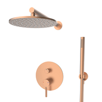 Ensemble de douche thermostatique moderne en laiton brossé doré de haute qualité avec robinets de pluie et jet doux, mitigeur à poignée unique et glissière de douche